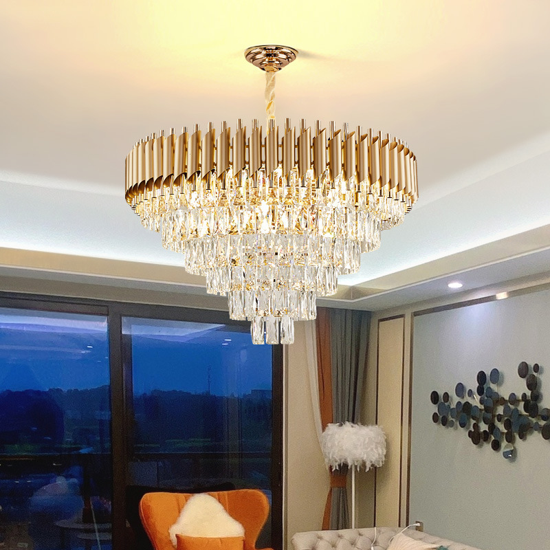 Luxury Modern K9 Crystal Round Chandelier Ceiling Lights Black Gold Fixtures 5 Tiers Pendant Lighting for Living Room Entryway