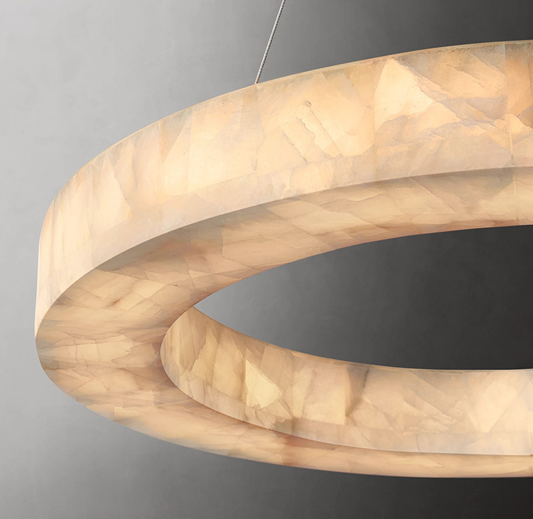 Modern Living Room Pendant Light Natural Marble Calcite Ring Two Tier Alabaster Chandelier Fixture for Living Room