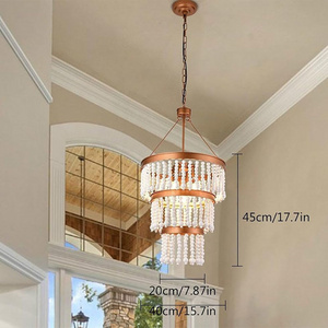 Adjustable Hanging Ceiling Lights 6-Light Farmhouse Chandelier for Foyer Living Room with 3-Tier Handmade White Wood Beads