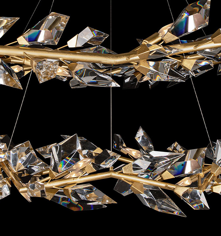 Modern Art Deco Tulip All Crystal Linear Pendant Ceiling Hanging Light Chain Chandelier With Leaves For Duplex