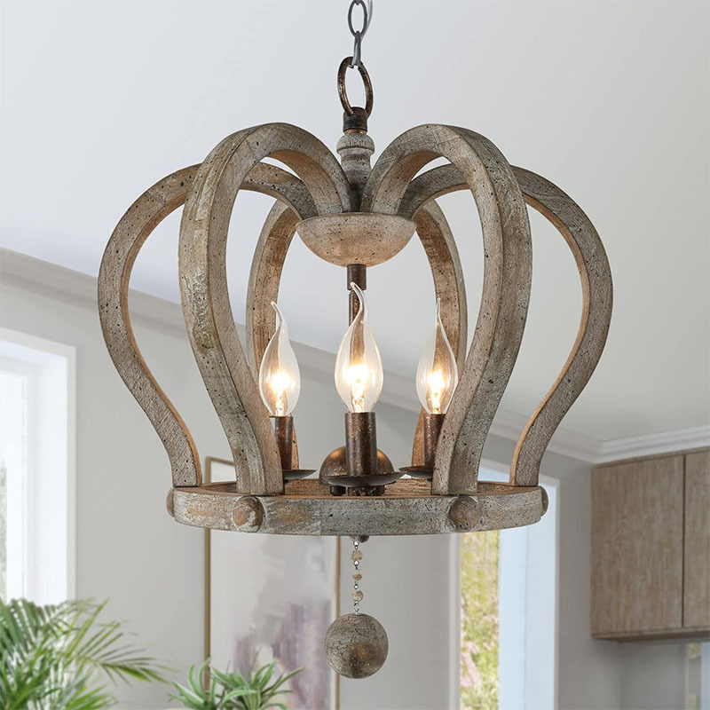 Crown Chandelier 3-Light Wood Chandelier  Modern for Living Room Farmhouse Light fixtures Antique and Rusty Gold Finish