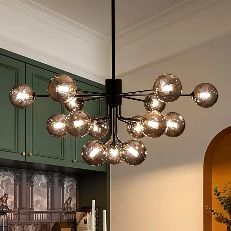 Mid Century Modern Chandelier Semi Flush Mount Ceiling Light with Smokey Globe Large Chandelier Pendant Light for Kitchen