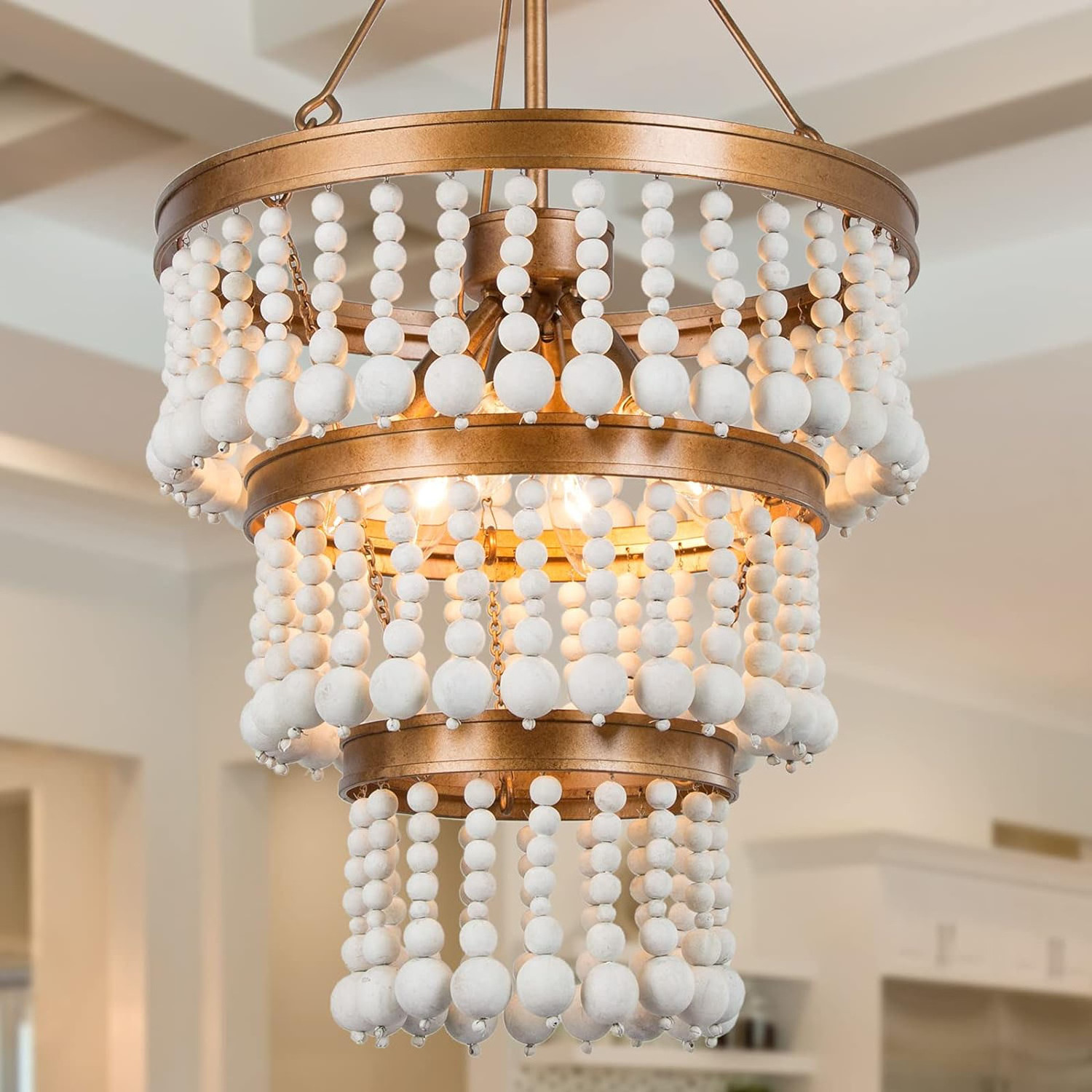 Adjustable Hanging Ceiling Lights 6-Light Farmhouse Chandelier for Foyer Living Room with 3-Tier Handmade White Wood Beads