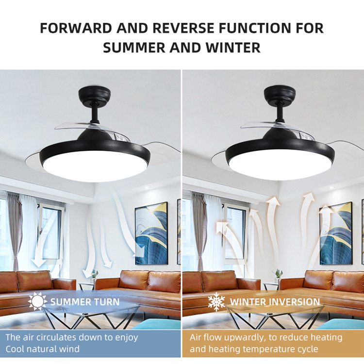 Modern 42 Inch Remote Control Retractable Invisible 3 Blade Led Ceiling Light With Fan