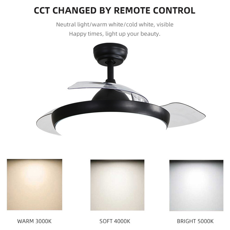 Modern 42 Inch Remote Control Retractable Invisible 3 Blade Led Ceiling Light With Fan