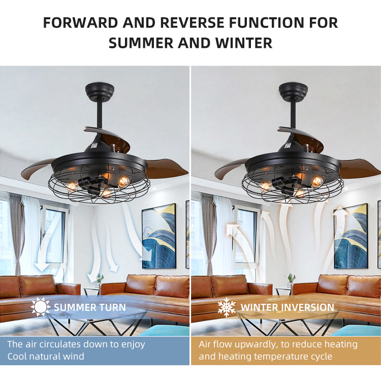 Kitchen Living Room Remote Control Invisible 4 Blade Retractable Modern Led Ceiling Light With Fan