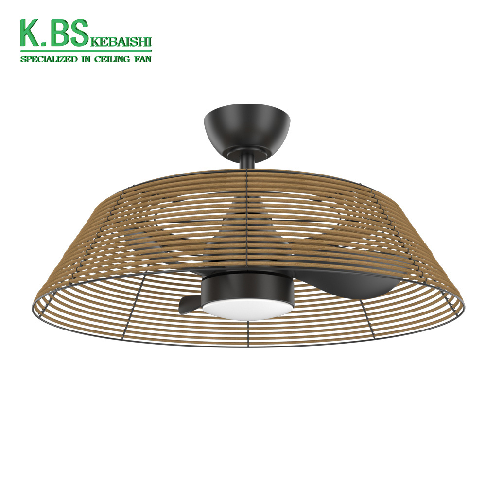 Flush Mount Boho Rattan Indoor 6 Speeds Remote Control 28 Inch Caged Decorative Ceiling Fan With Light