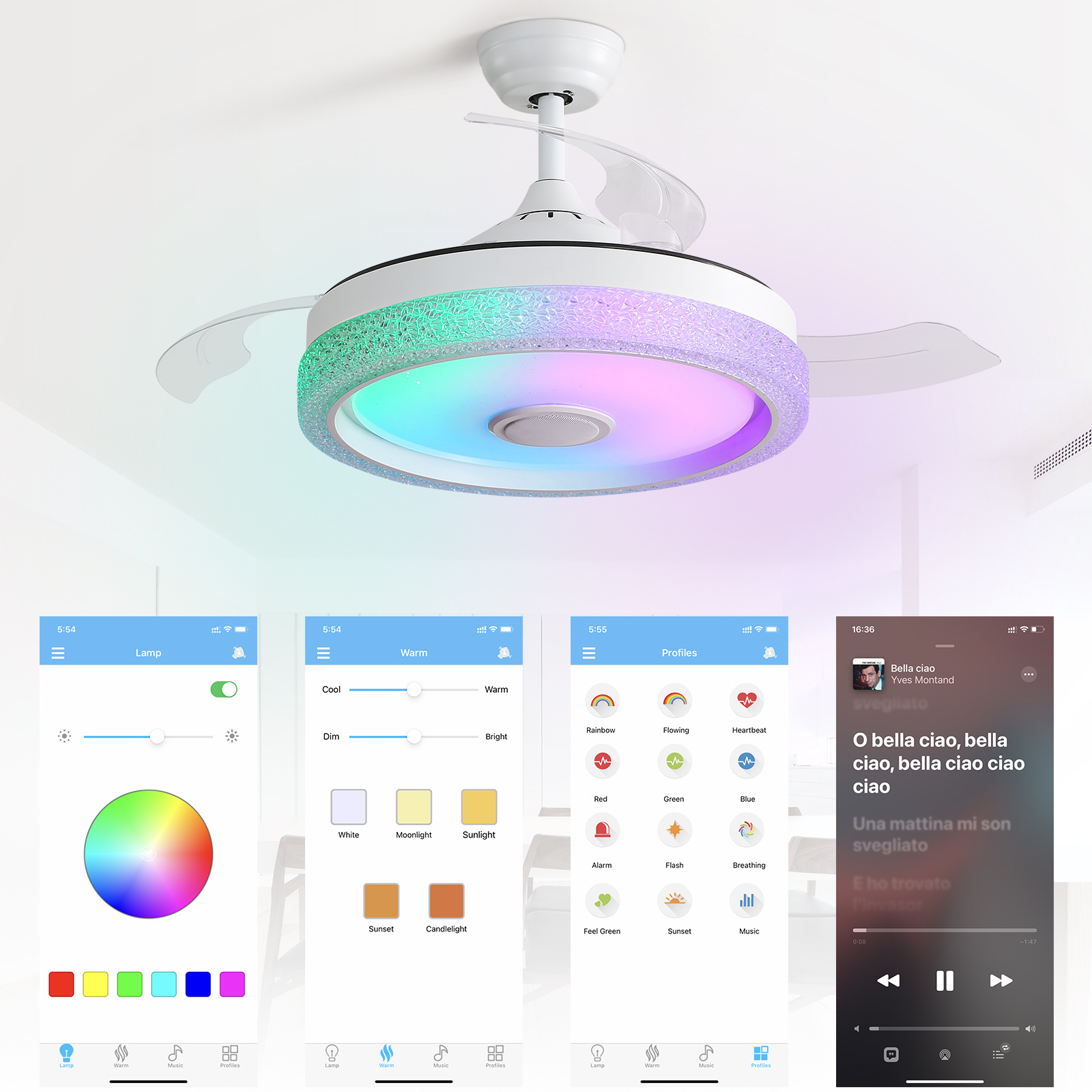 Modern Design Retractable 42 Inch Indoor App Control Music Speaker Ceiling Fan With RGB Light