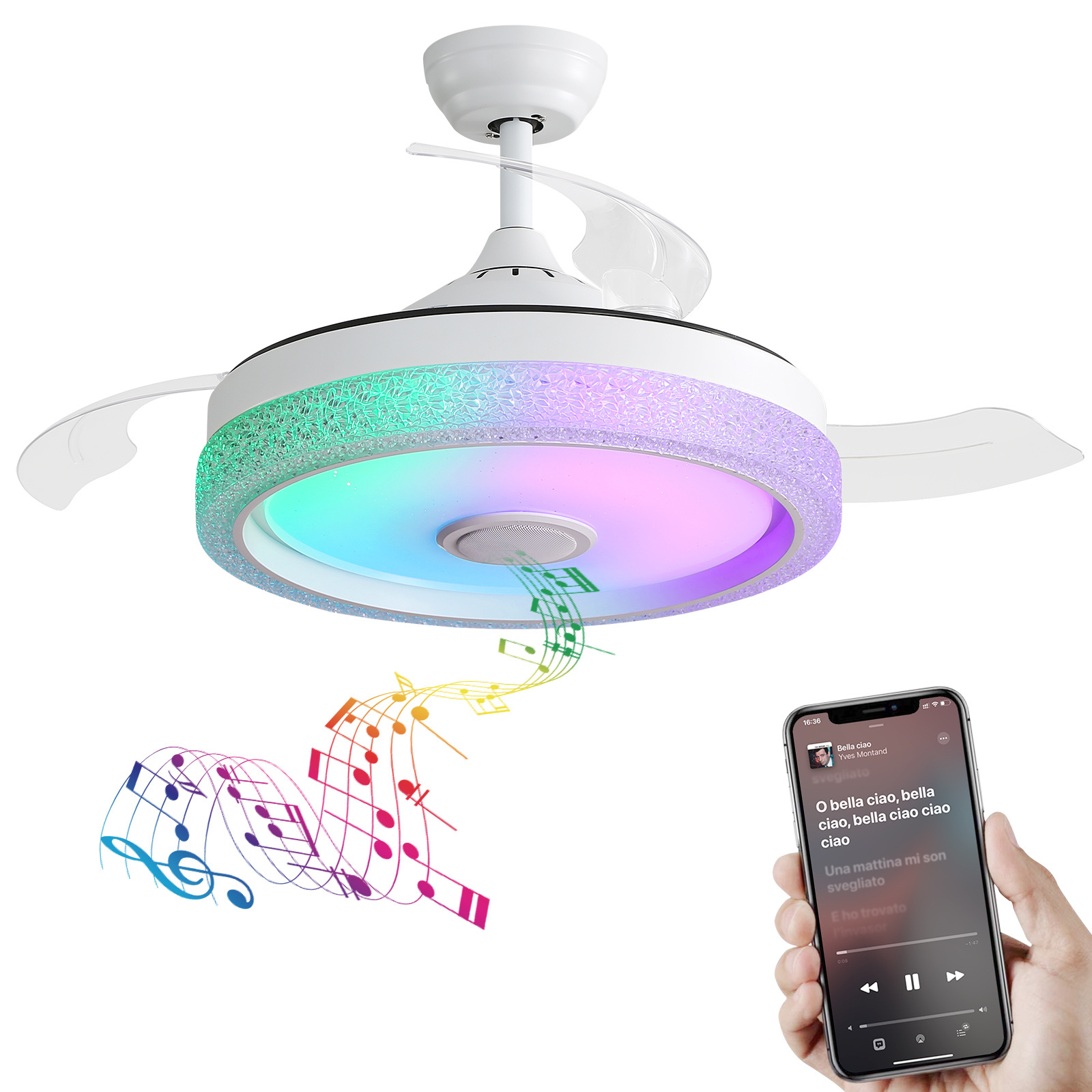 Modern Design Retractable 42 Inch Indoor App Control Music Speaker Ceiling Fan With RGB Light