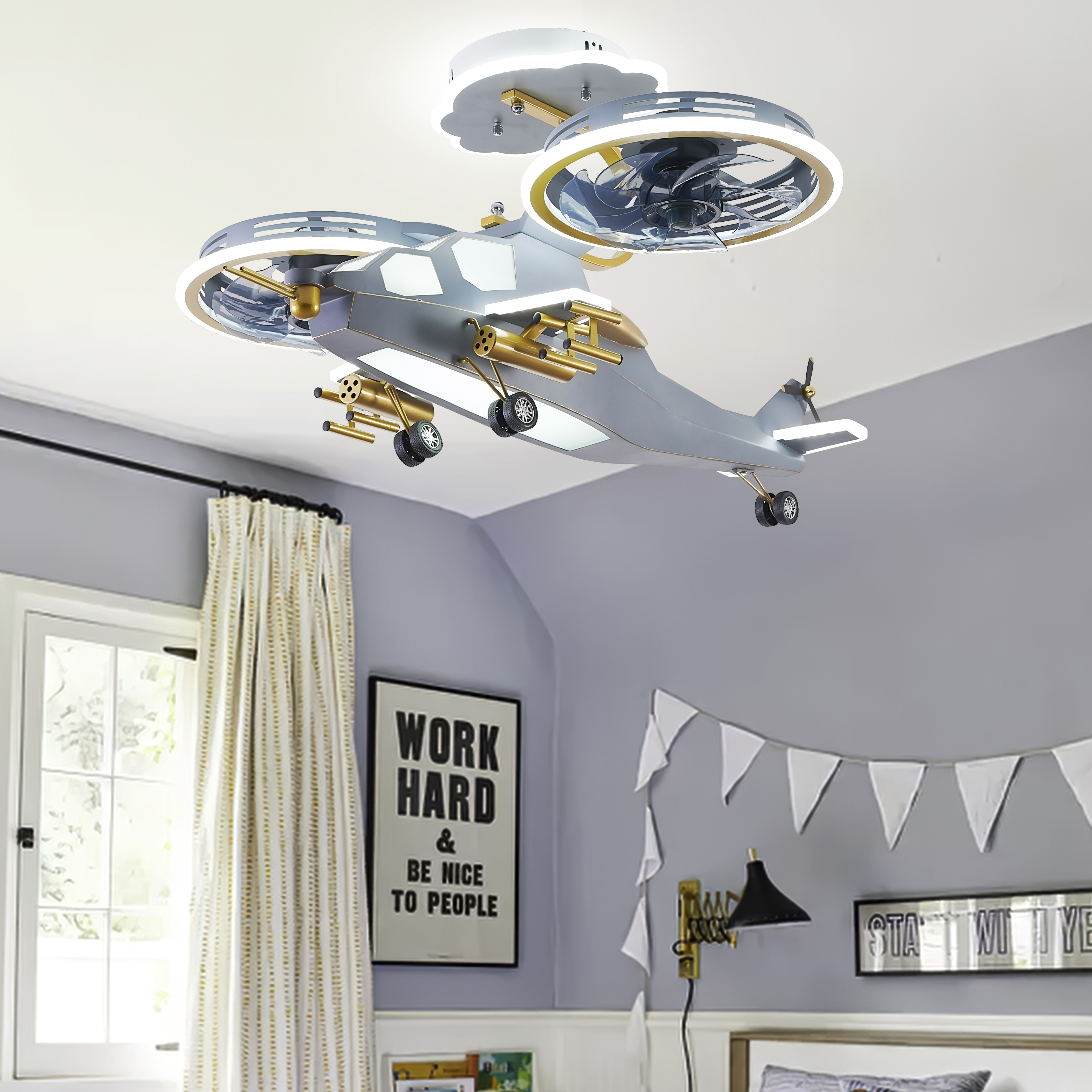 New Design Fan Lamp Ventilador De Techo Inteligente Helicopter Ceiling Fan With Light