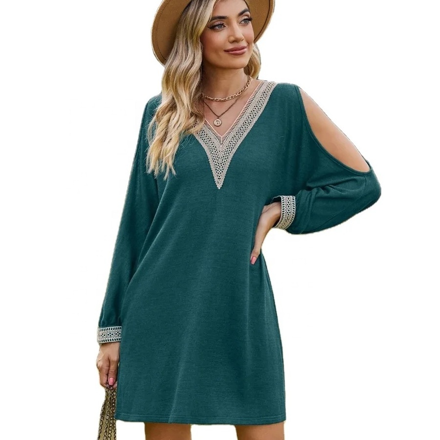 Autumn Women Fashion Dress  Off-shoulder Strapless Long Sleeve With Side Pocket Lace V Neck Casual Dress