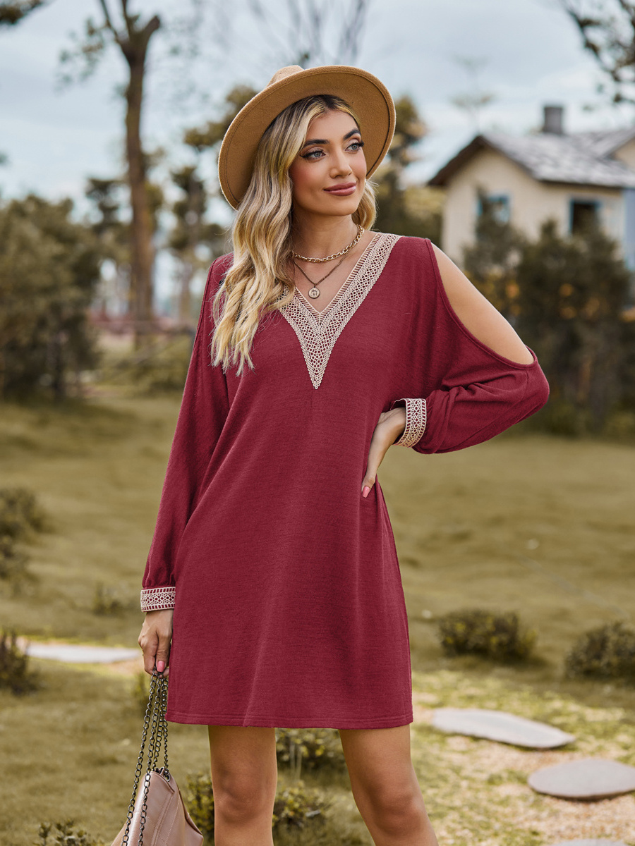 Autumn Women Fashion Dress  Off-shoulder Strapless Long Sleeve With Side Pocket Lace V Neck Casual Dress