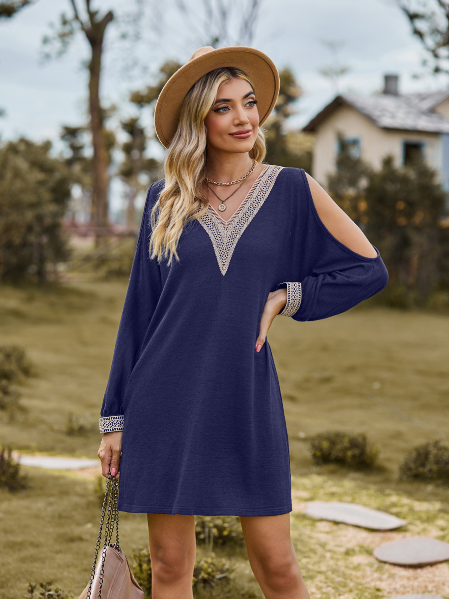 Autumn Women Fashion Dress  Off-shoulder Strapless Long Sleeve With Side Pocket Lace V Neck Casual Dress