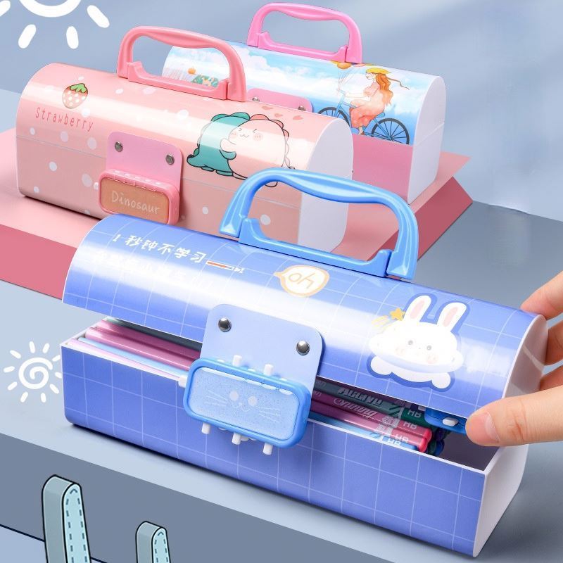 Factory Cartoon Large Capacity Code Lock Pencil Case Portable Three Layers Stationery Box