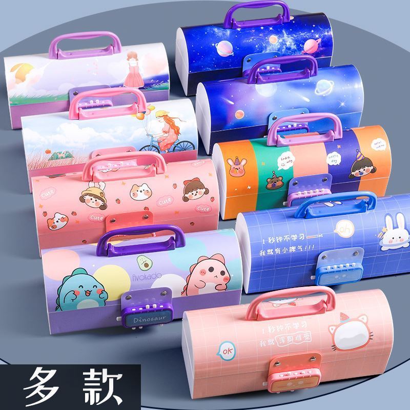 Factory Cartoon Large Capacity Code Lock Pencil Case Portable Three Layers Stationery Box