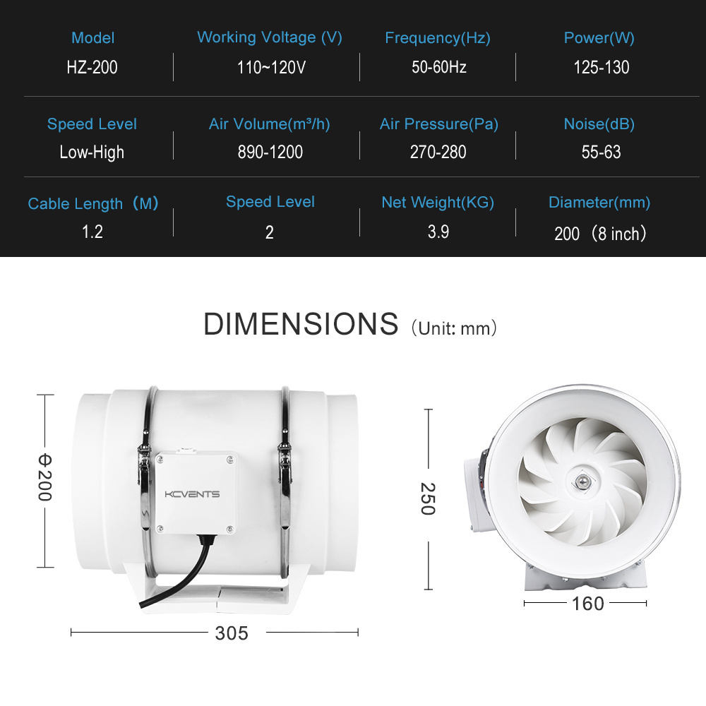 KCVENTS 110V 220V 8 inch Axial mixed flow fan ventilation exhaust fan for mushroom growtent