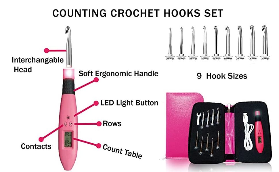 9 in 1 Count Crochet Hooks Set with Light, Digital Crochet Hooks for Stitched & Rows