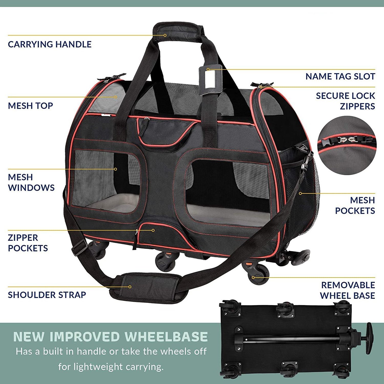 FREE SAMPLE Pet Carrier with Removable Wheels Soft Sided Airline Approved Small Dog and Cat Carrying Bag