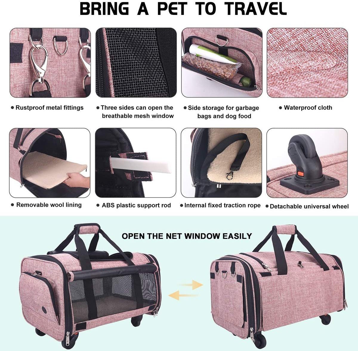 FREE SAMPLE Pet Carrier Airline Approved Soft-Sided Dog Travel Carriers with Removable Wheels Perfect Cats Pups Small Animals