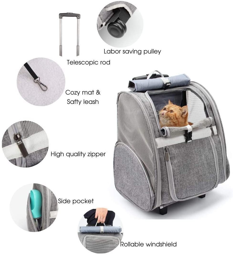 FREE SAMPLE Pet Rolling Carrier Dog Backpack with Wheels Cats Puppies Travel Bag with Wheels Dog Trolley Airline Approved