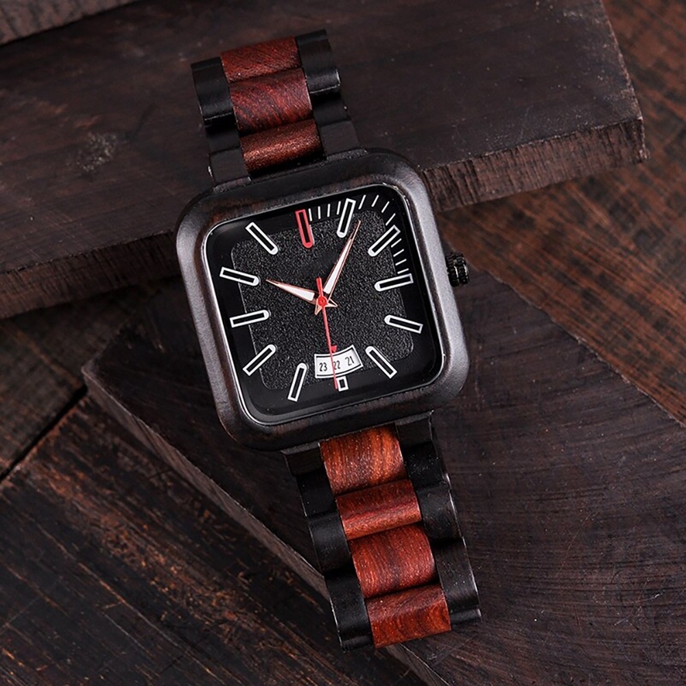 Two Color Tone Black And Red Sandal Wood Watch High Quality Custom Logo Men Square Wooden Wrist Watches