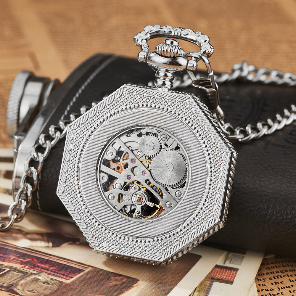 Hot Selling Antique Roman Numeral Alloy Pocket Watch With Chain Octagon Hollow Mechanical Pocket Watches