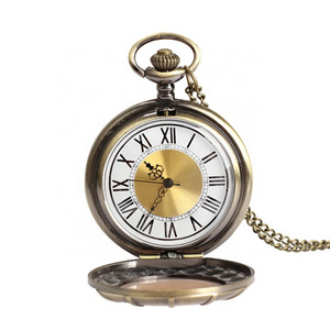 Unique Vintage Big Roman Numeral Gold Face Engraved Style With Chains Japan Movt Quartz Pocket Watch