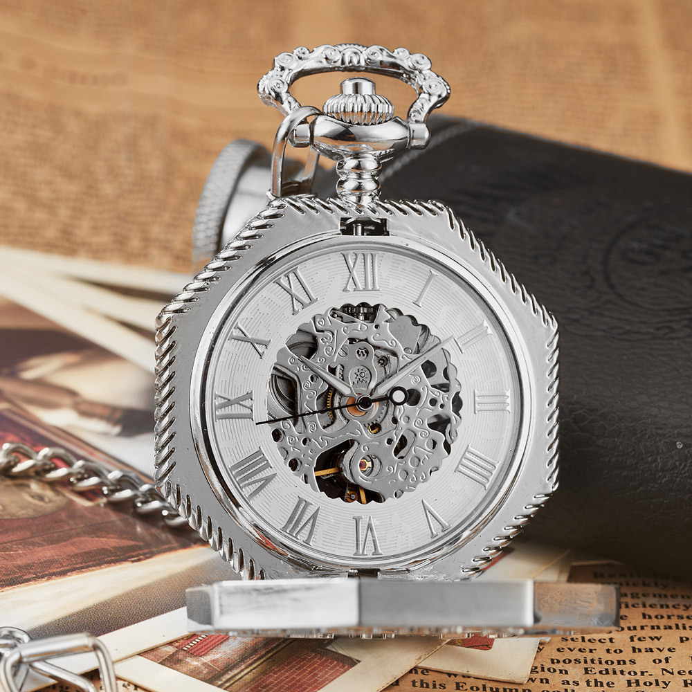 Hot Selling Antique Roman Numeral Alloy Pocket Watch With Chain Octagon Hollow Mechanical Pocket Watches