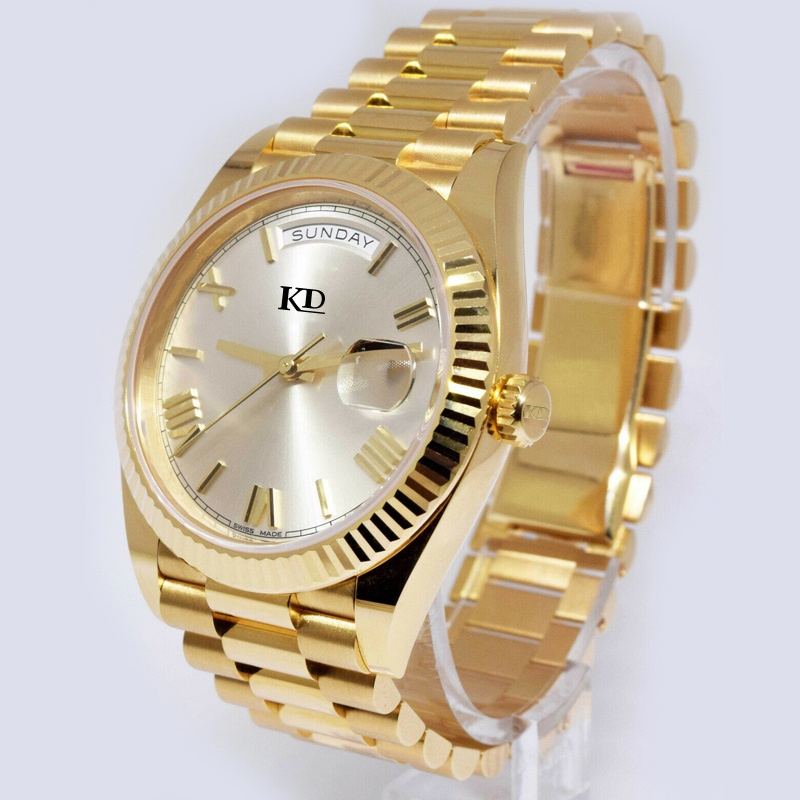 Golden Colored 904L stainless steel Brand mechanical automatic skeleton movt RLX brand men's watches