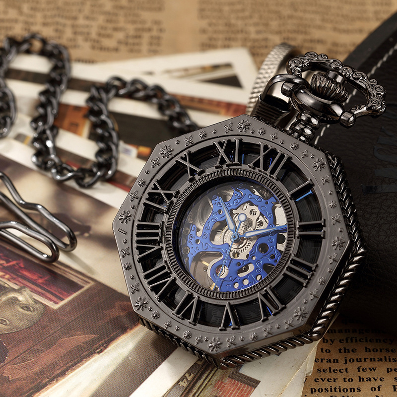 Hot Selling Antique Roman Numeral Alloy Pocket Watch With Chain Octagon Hollow Mechanical Pocket Watches