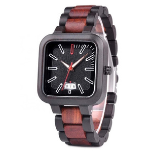 Two Color Tone Black And Red Sandal Wood Watch High Quality Custom Logo Men Square Wooden Wrist Watches