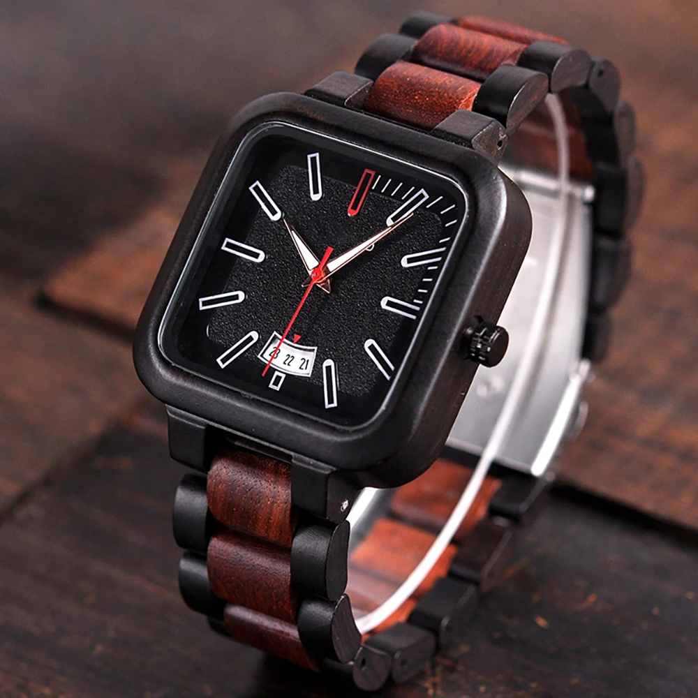 Two Color Tone Black And Red Sandal Wood Watch High Quality Custom Logo Men Square Wooden Wrist Watches