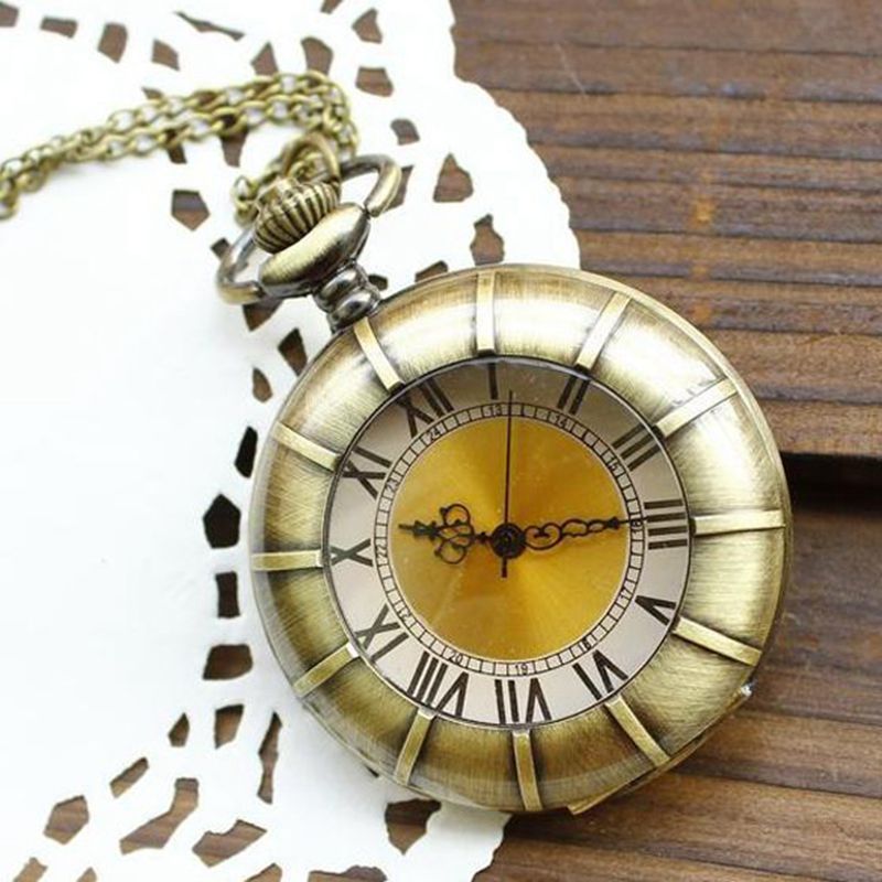 Unique Vintage Big Roman Numeral Gold Face Engraved Style With Chains Japan Movt Quartz Pocket Watch