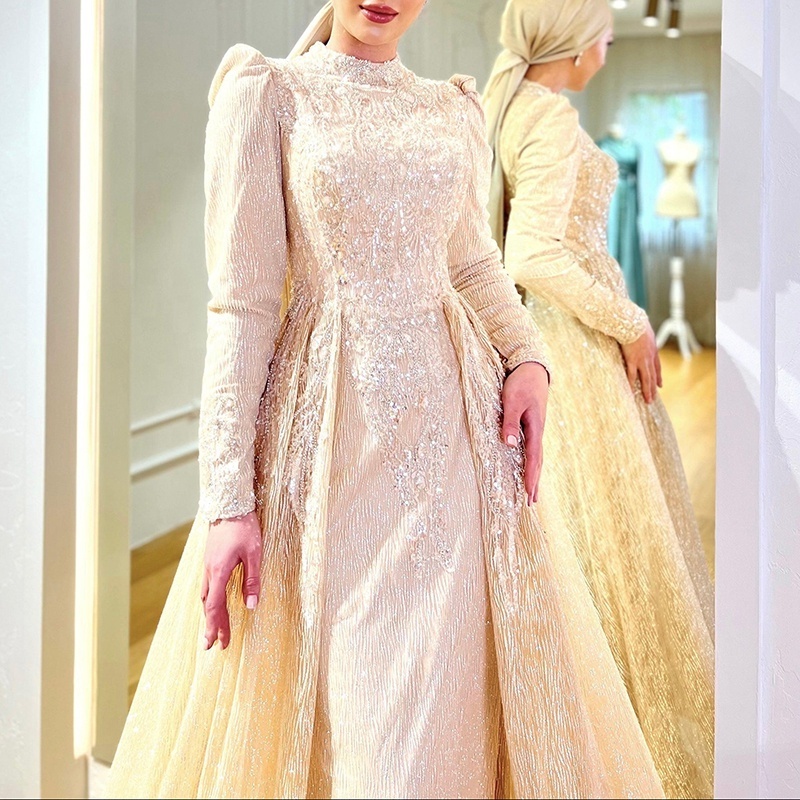 KDG Muslim With Hijab Rhinestone Wedding Dress Bridal Curvy Dress  For Women 2023 Elegant Gray Pretty Long Lace Wedding Dress