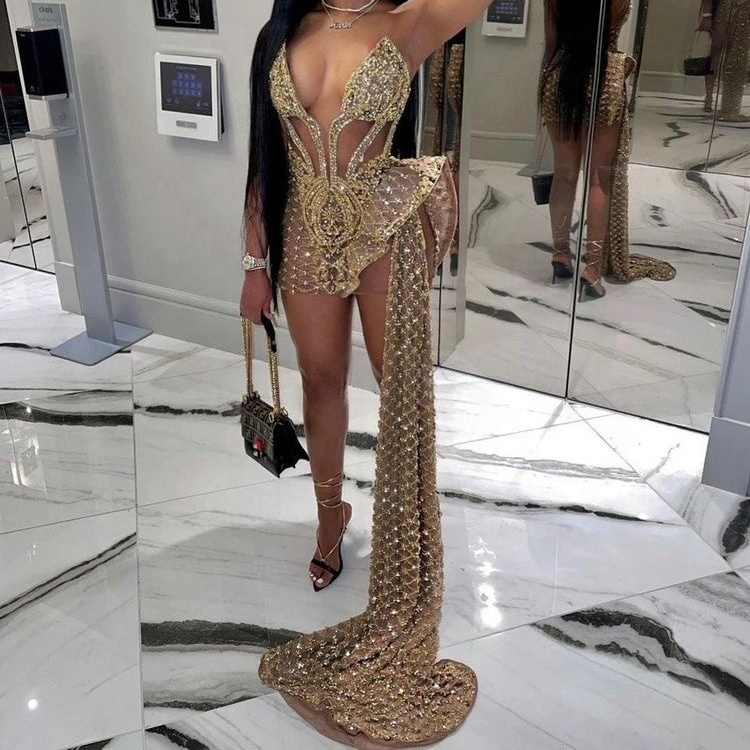 Sexy See Through Sweetheart Black Girls Sparkly Gold Sequin Short Prom Dresses 2022 For Birthday Party Gowns