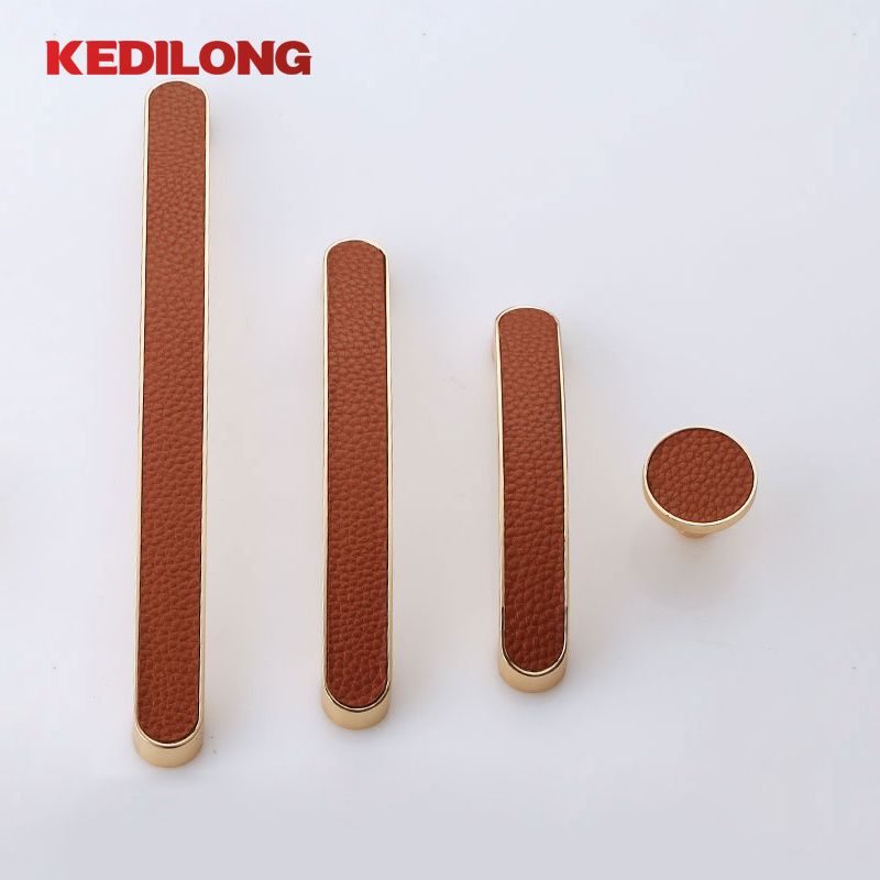 Furniture Hardware European Modern Luxury Cabinet Handle Gold Drawer Knob Brown Leather Handle