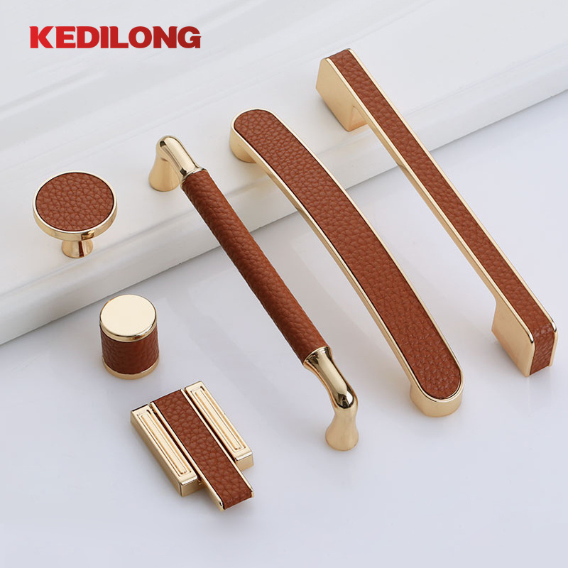 Furniture Hardware European Modern Luxury Cabinet Handle Gold Drawer Knob Brown Leather Handle