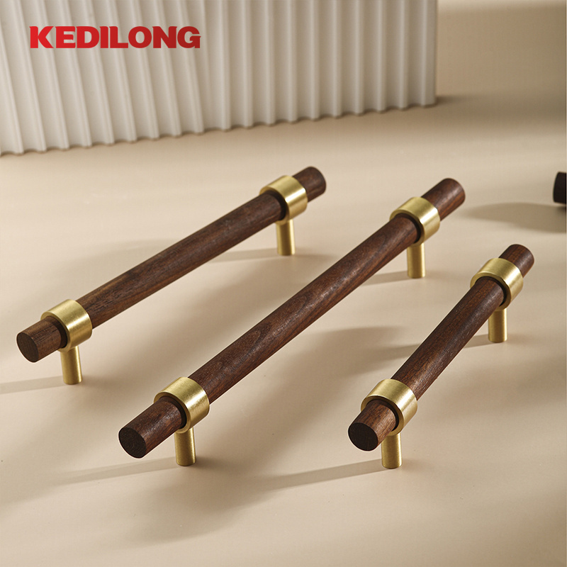 walnut brass handle solid wood furniture drawer handle wooden T-shaped long handle kitchen cabinet Beech  knob