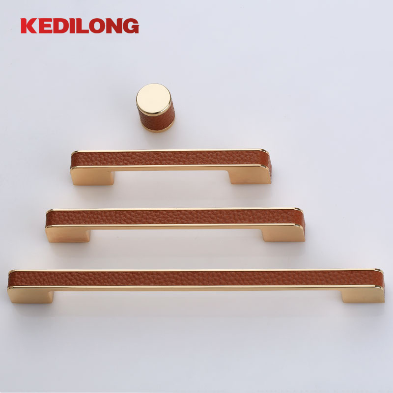 Furniture Hardware European Modern Luxury Cabinet Handle Gold Drawer Knob Brown Leather Handle