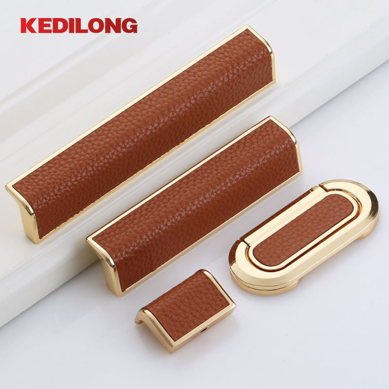 Furniture Hardware European Modern Luxury Cabinet Handle Gold Drawer Knob Brown Leather Handle