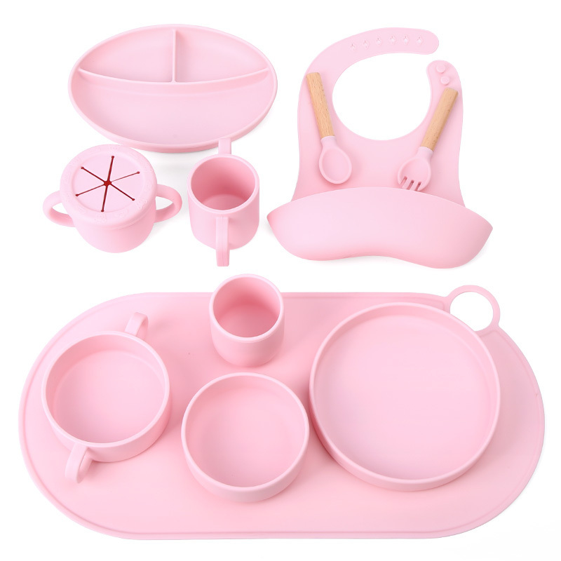 Customizable Kids Tableware Feeding Set Baby Silicone Sippy Cup Placemat Bib Dish Suction Baby Silicone Fork Spoon Bowl Plate