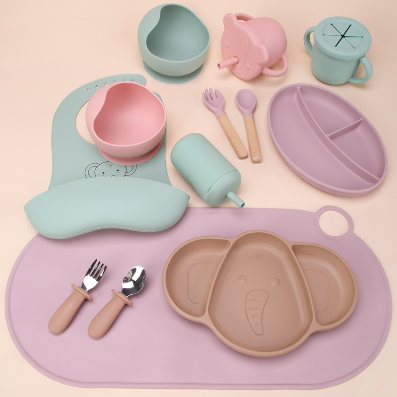 Silicon Baby Cutlery Set Baby Feeding Dinner Plates Kids Dining Bowl Spoon Baby Feeding Plate Set