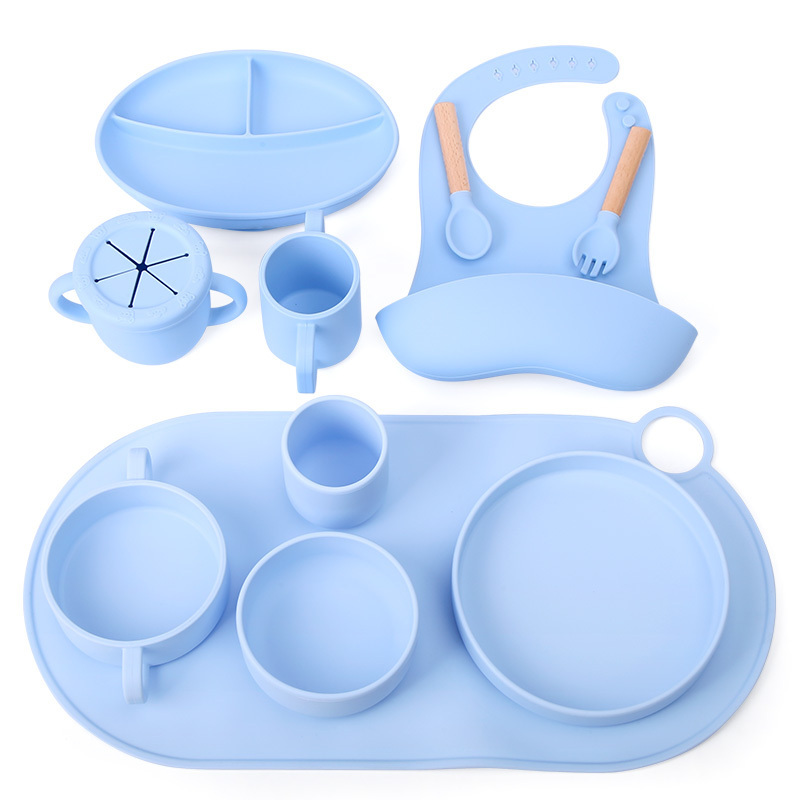 Customizable Kids Tableware Feeding Set Baby Silicone Sippy Cup Placemat Bib Dish Suction Baby Silicone Fork Spoon Bowl Plate