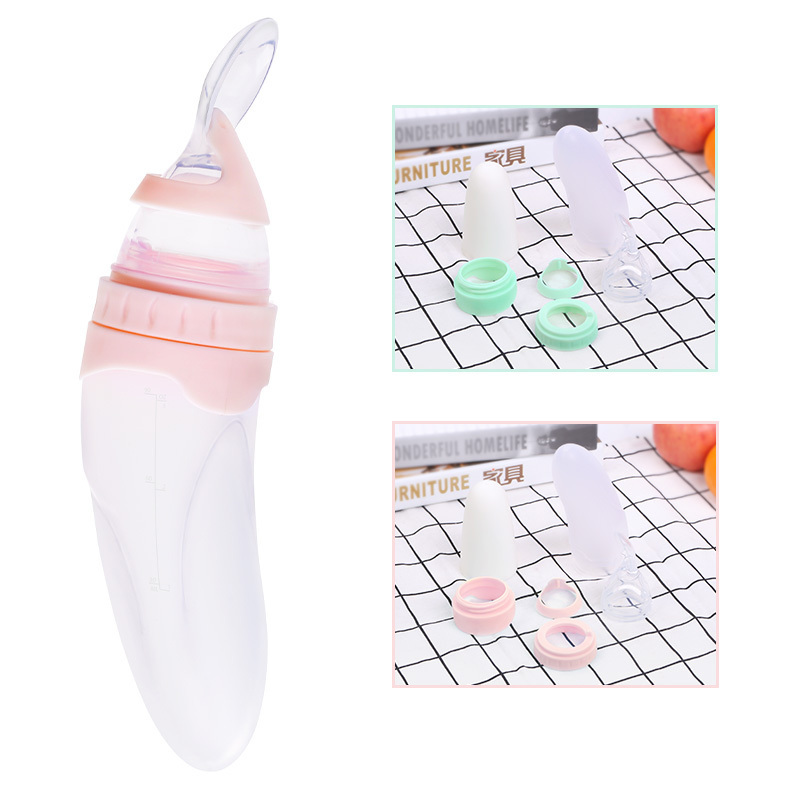 Foldable Baby Bottle Silicone Squeeze Feeding Bottles Hand Free Baby Food Pouch Spoon Food Feeder Bottle