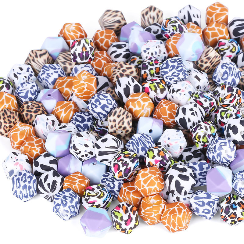 Custom 12MM 14MM 15MM Skull Baby Teething Printed Bead Giraffe Animal Leopard Silicon Beads Tie Dye Print Silicone Beads