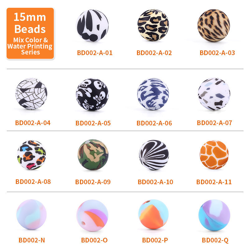 Custom 12MM 14MM 15MM Skull Baby Teething Printed Bead Giraffe Animal Leopard Silicon Beads Tie Dye Print Silicone Beads