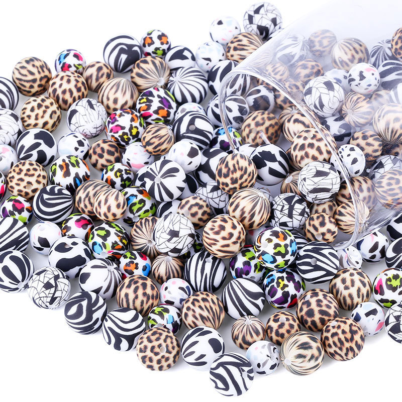 Custom 12MM 14MM 15MM Skull Baby Teething Printed Bead Giraffe Animal Leopard Silicon Beads Tie Dye Print Silicone Beads