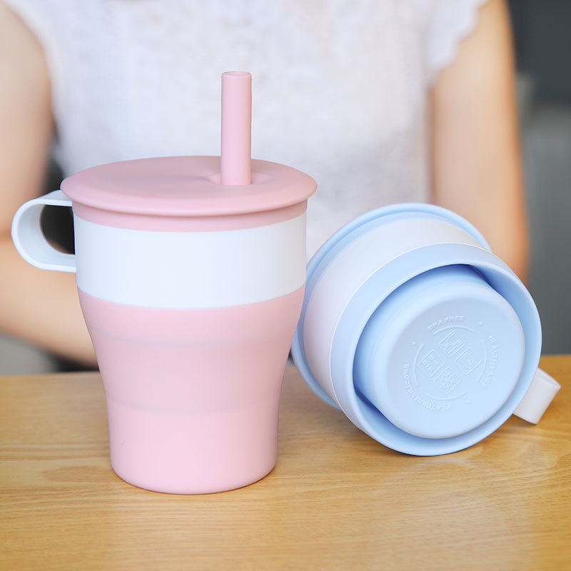 Leak Proof Kids Collapsible Straw Mug Silicone Drinking Folding Cup