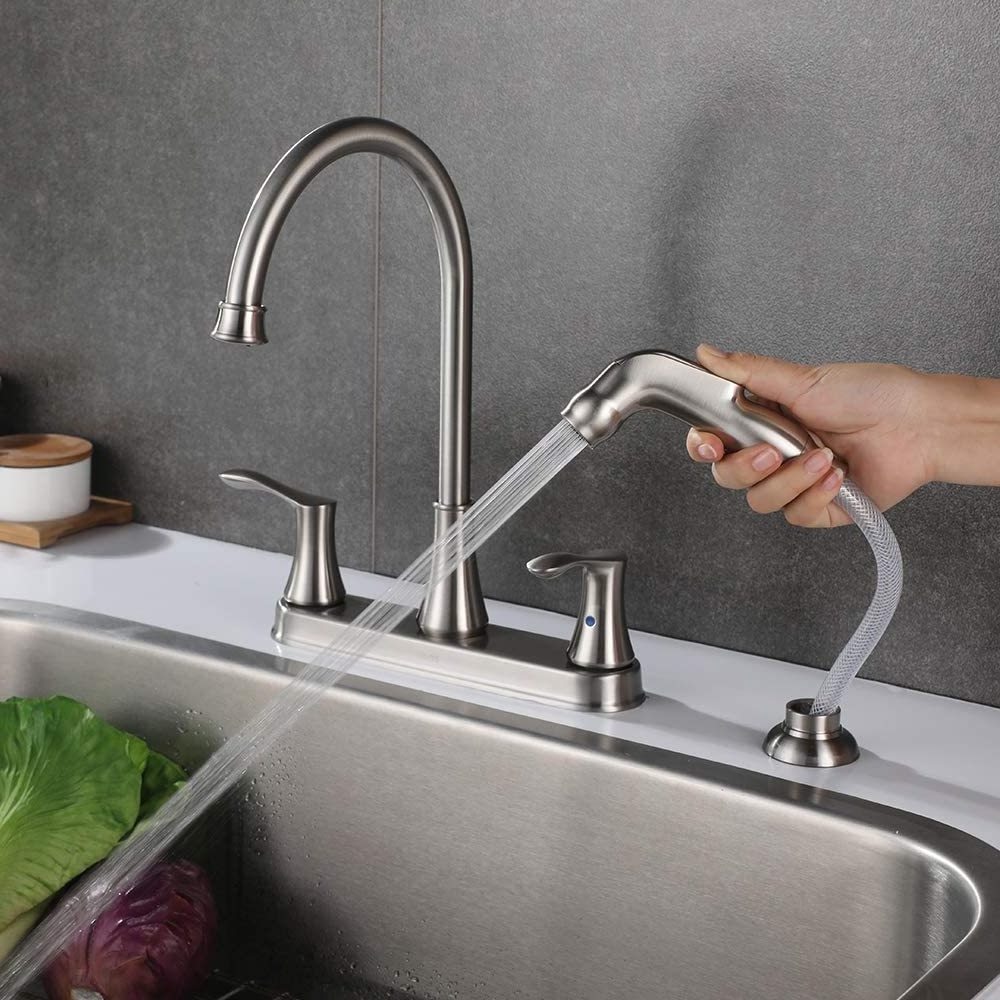 Factory Stainless Steel 304 Hybrid Glass Fibre 8 inch Two Handle Kitchen Faucet with Flexible 360 Degree Rotatable Side Sprayer