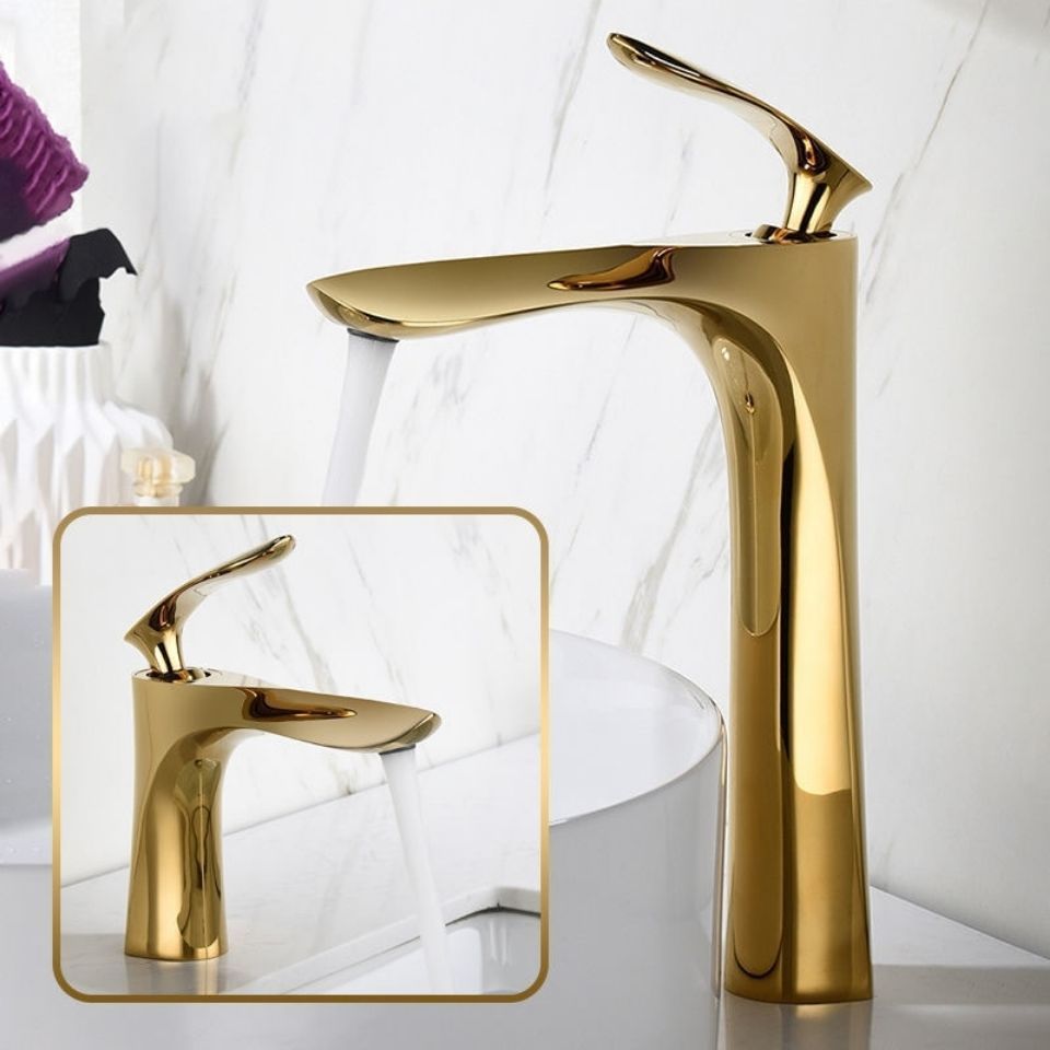 New Fashion Hot Sell Gold Bathroom Basin Tap Fancy High End American Plumbing Standard cUPC Bathroom PVD Gold Tall Vessel Faucet